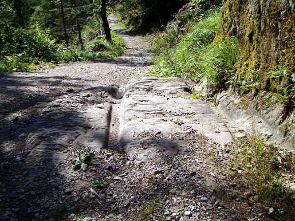 segni dei carriaggi sulla strada romana appena oltre la chiesetta di Loreto a Lozzo di Cadore