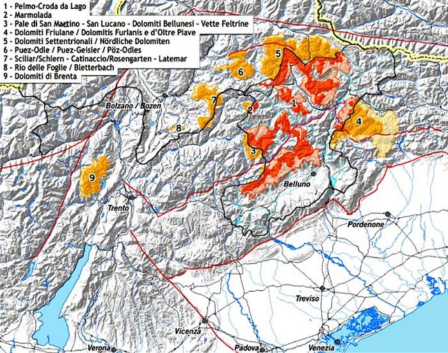 Carta suddivisione delle aree dolomitiche in relazione alla provincia di Belluno