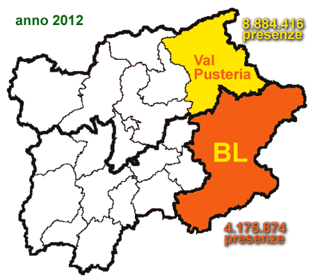 mappa Val Pusteria e provincia di Belluno: presenze turistiche anno 2012