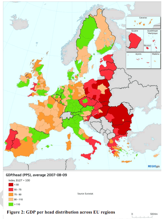 PIL pro capite nelle regioni EU, media 2007-08-09: EU27=100