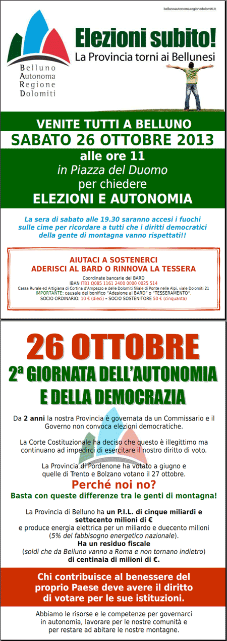 BARD - Elezioni subito!! La Provincia torni ai bellunesi. Sabato 26 ottobre tutti a Belluno