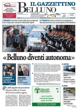 prima pagina bellunese del Gazzettino 12 ottobre 2013 "Belluno diventi autonoma"