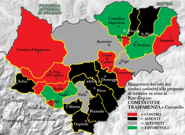 mappatura dei voti dei sindaci cadorini alla proposta di istituire in seno al Bim-Gsp un COMITATO DI TRASPARENZA