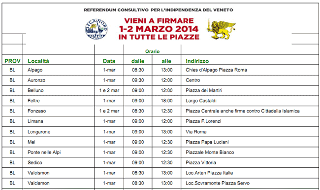 gazebo per raccolta firma referendum Indipendenza del Veneto in provincia di Belluno