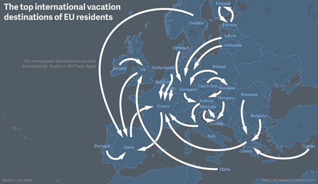 Principali destinazioni di vacanza dei residenti in UE (2013; Data European Commission)