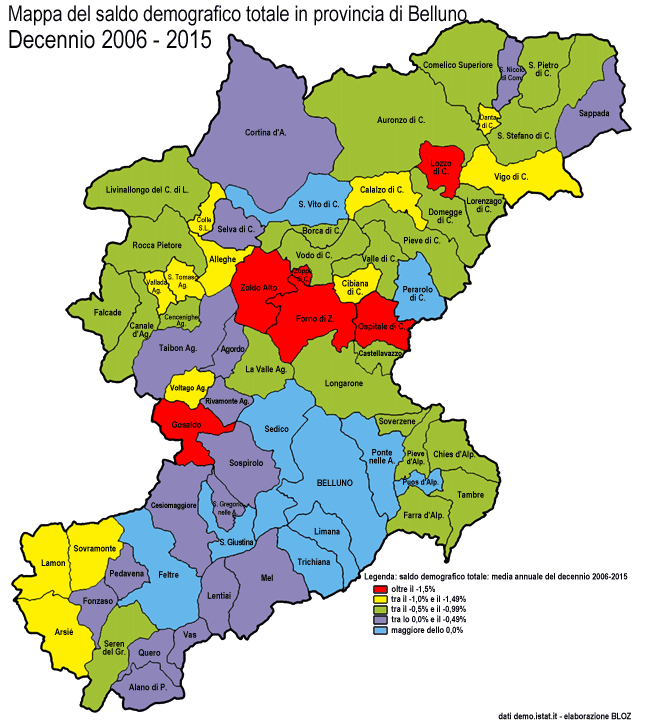 Mappa del saldo demografico totale in proovincia di Belluno: decennio 2006-2015