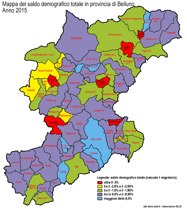 mappa del saldo demografico totale 2015 nei comuni della provincia di Belluno (clicca per ingrandire)