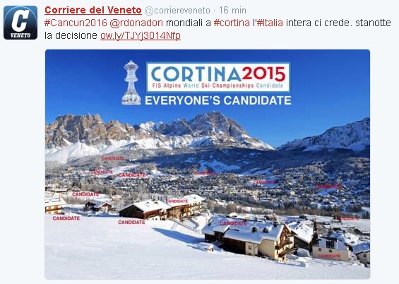 Cortina 2021: Cancun2016 con il claim della candidatura Cortina 2015 