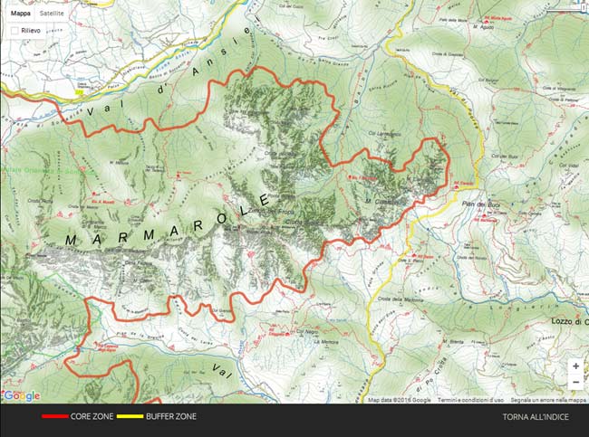 estratto della mappa della perimetrazione di parte del Sistema 5 - Dolomiti settentrionali del patrimonio Dolomiti-Unesco 