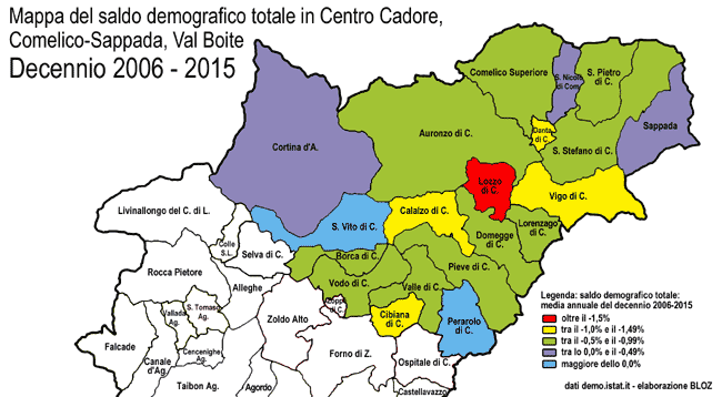 Mappa del saldo demografico totale in Centro Cadore, Comelico-Sappada e Val Boite - Decennio 2006-2015 