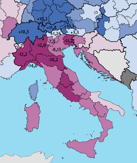 Variazione PIL procapite raprtata alla media UE-28, a parità di potere d'acquisto, nel periodo 2008-2014: alcuni valore regione italiane