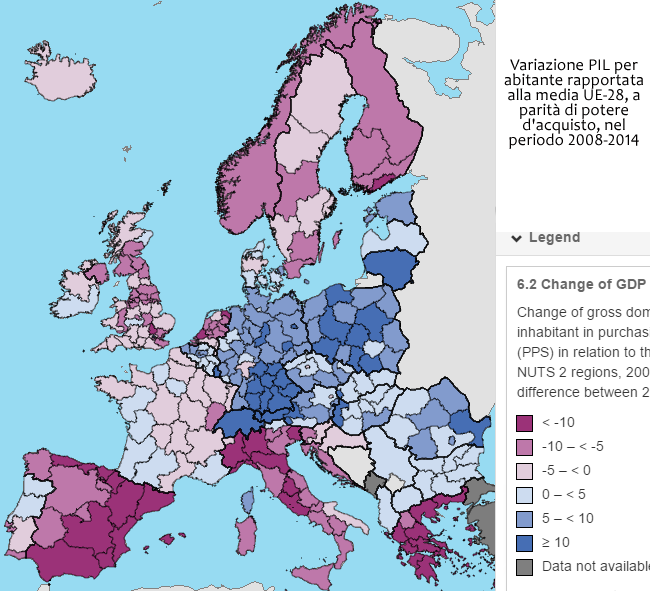 Variazione PIL procapite raprtata alla media UE-28, a parità di potere d'acquisto, nel periodo 2008-2014