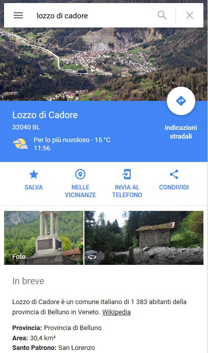 pagina "Lozzo di Cadore" su GMaps 01.04.2017