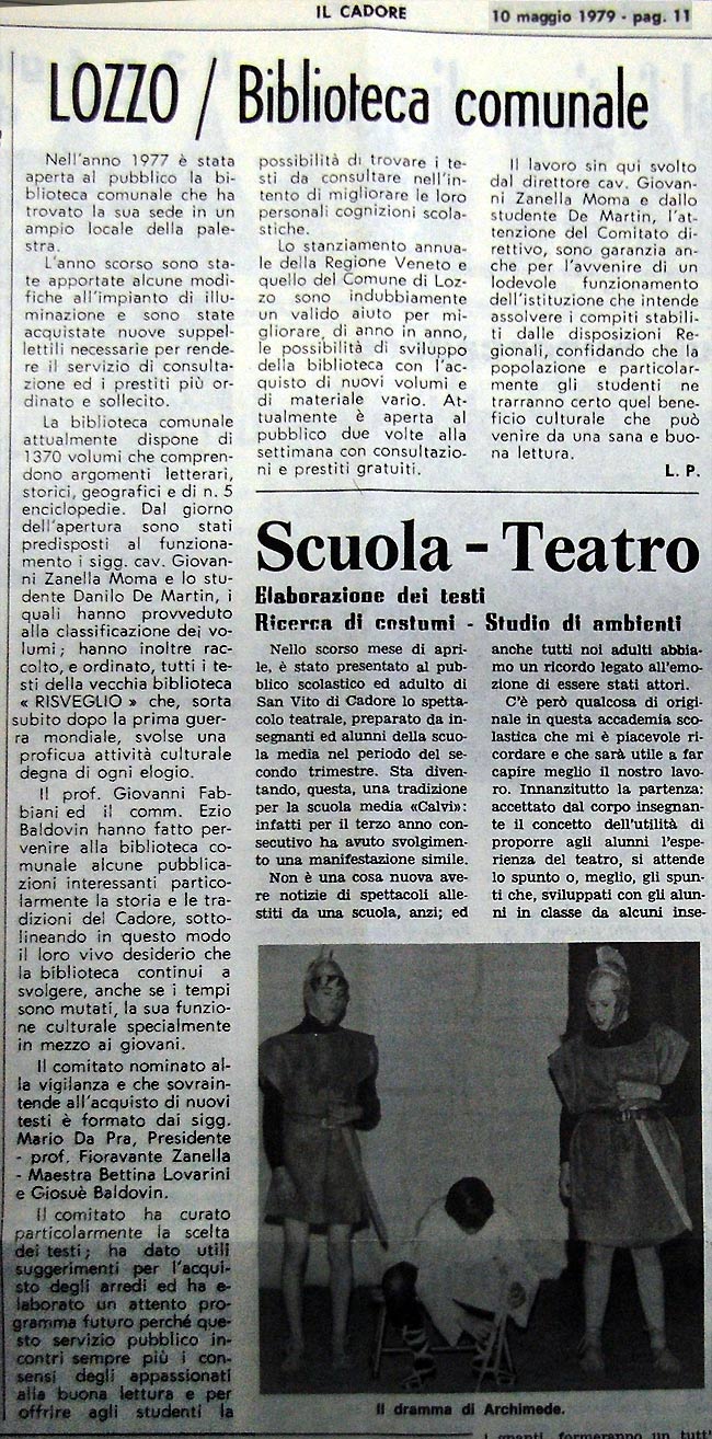 Lozzo, biblioteca comunale: ritaglio tratto da "il Cadore", 10 maggio 1979, p. 11