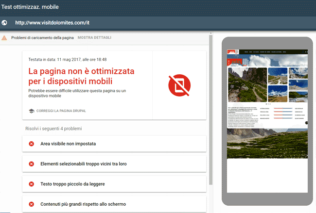 screen shot del test di Google per siti ottimizzati per mobile