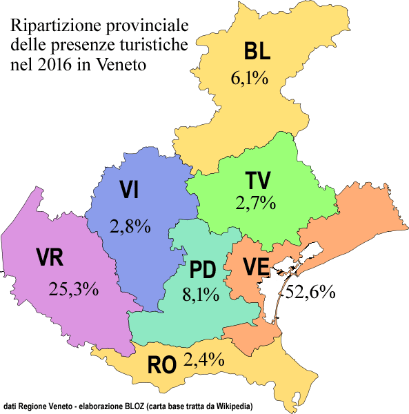 Ripartizione provinciale delle quote di presenze turistiche in Veneto nel 2016