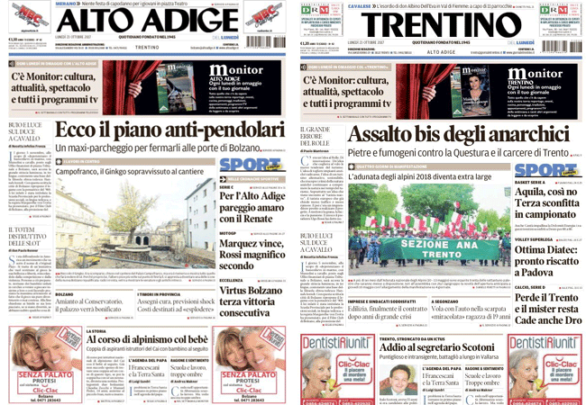 screenshot delle prime dei quotidiani Alto Adige e Trentino del 23 ottobre 2017