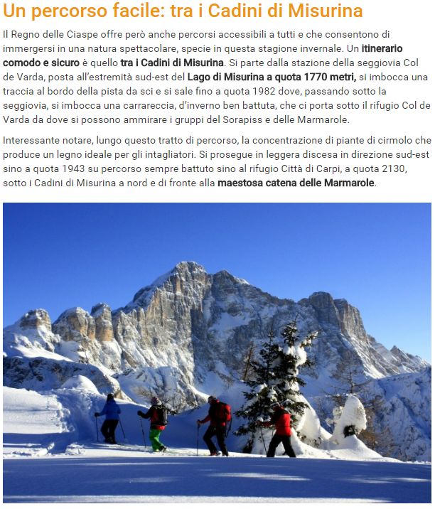 Screenshot di articolo "cocodè" che descrive un percorso con ciaspe sui Cadini di Misurina corredandolo con foto del Monte Civetta