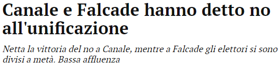 Canale e Falcade hanno detto no all'unificazione: tratto dal Corriere delle Alpi del 18 dicembre 2017