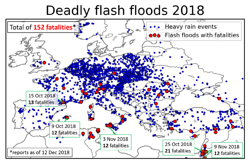 Mappa dei flash floods e  heavy rainfall tratta da European Severe Storm Laboratory (dic 2018)