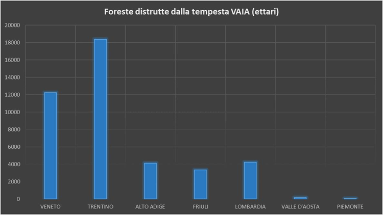 Foreste distrutte dalla tempesta Vaia (ettari) - Geolab Università di Firenze