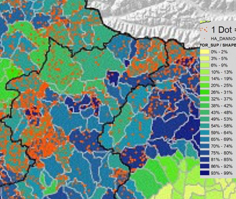 Estratto carta del coefficente di boscosità da "Forest damage inventory after the "Vaia" storm in Italy" pubblicata su Forest@