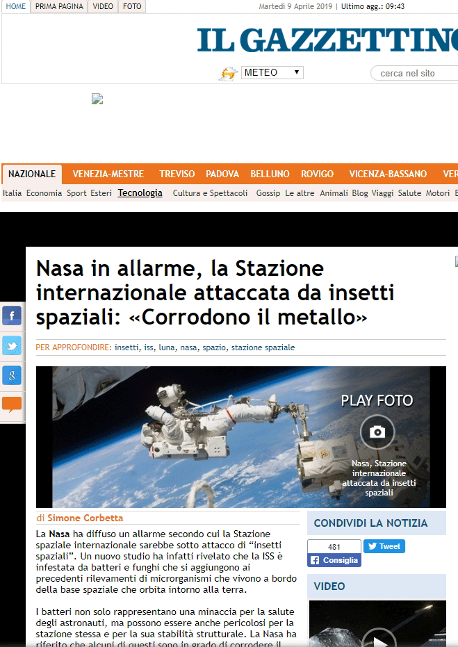 screenshot articolo Gazzettino.it dell'8 aprile 2019