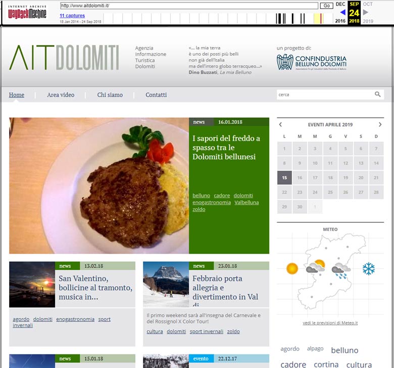 screenshot della ricerca su WayBackMachine svolta il 15 aprile 2019 del sito www.aitdolomiti.it