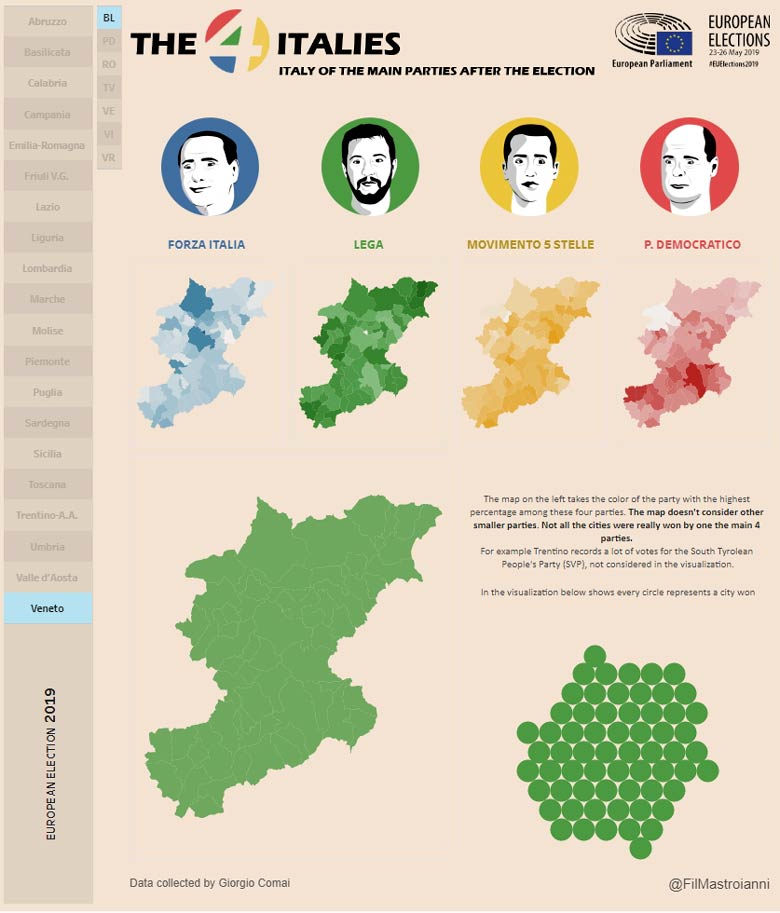 i quattro colori dell'Italia post-elezioni 2019: provincia di Belluno (tratto da il Sole 24 Ore)