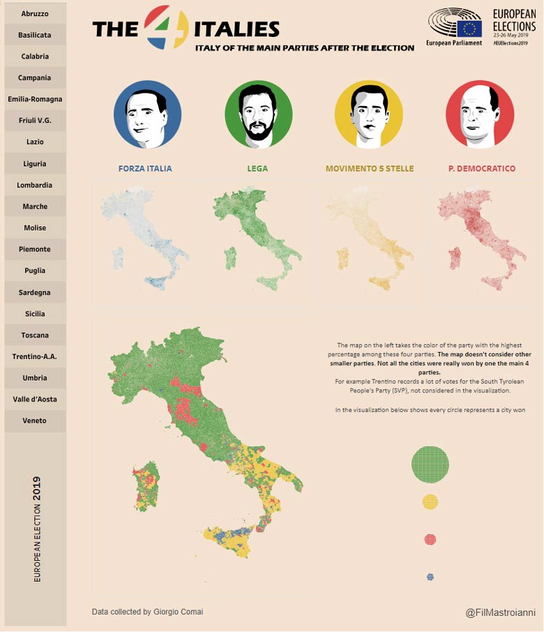 i quattro colori dell'Italia post-elezioni 2019: Italia (tratto da il Sole 24 Ore)