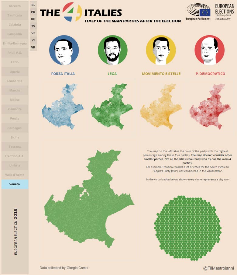 i quattro colori dell'Italia post-elezioni 2019: Veneto (tratto da il Sole 24 Ore)