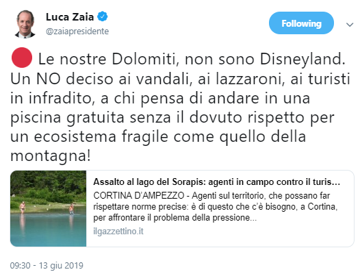 screenshot tweet Luca Zaia su lago del Sorapiss 13 giugno 2019