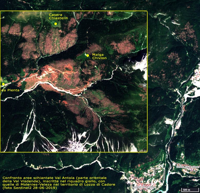 confronto aree schiantate Val Antola (parte orientale della Val Visdende) con quelle di Molenies-Veleza nel territorio di Lozzo di Cadore (foto Sentinel2 del 28-06-2019)