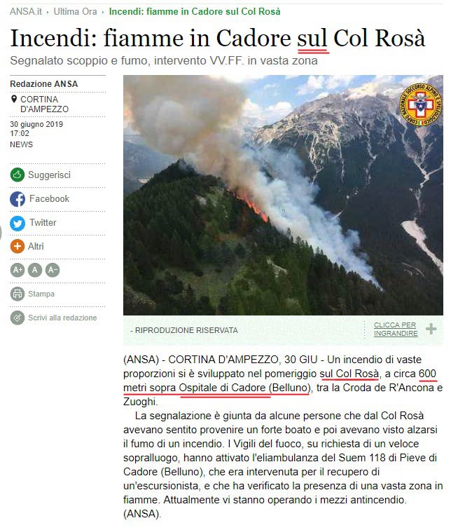 screen shot notizia Ansa 30-06-2019 relativa a incendio sul Col Rosà