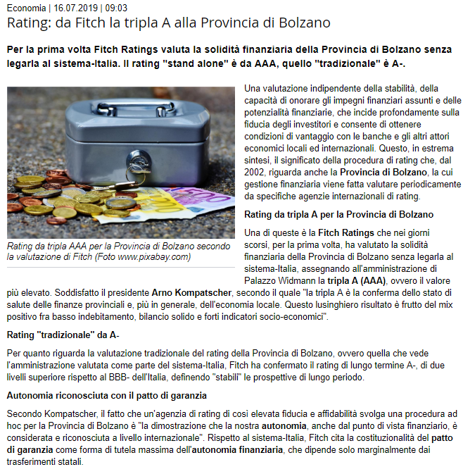 Rating tripla A alla provincia di Bolzano (notizia del 16-07-2019 dal sito Provincia autonoma di Bolzano)