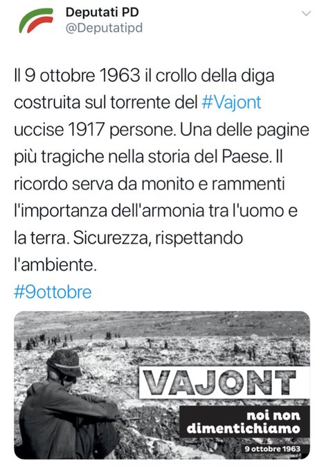 Screenshot di un tweet pubblicato dall'account twitter dei Deputati PD riguardante il crollo della diga sul torrente Vajont il 9 ottobre 1963