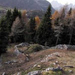 Dal "tornante de i Peroi" verso la testata della trincea; a sin. l'arrivo della "Strada de Mòio"