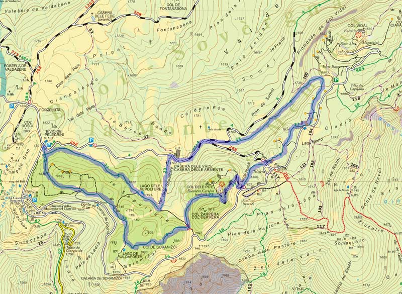 Percorso dell'Anello dei Colli - segnavia (sv) n.33 evidenziato in viola (cliccare per un ingrandimento)