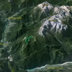Il Parco della Memoria in 3D (da Google Earth): la collocazione del Parco è dominante rispetto alla valle d'Ansiei e a quella del Piave