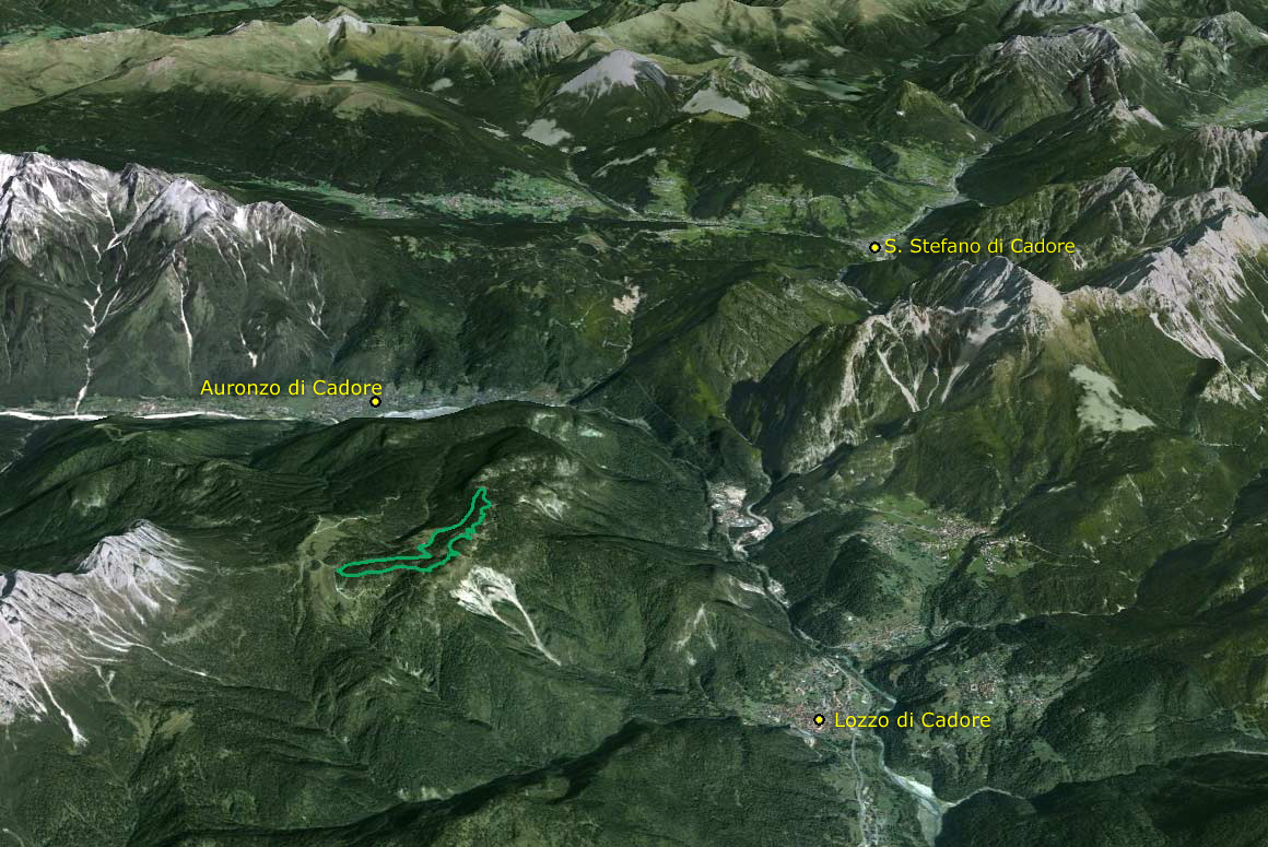 Il Parco della Memoria in 3D (da Google Earth): in alto il Comelico con S. Stefano e più a sin. Costa e Costalissoio