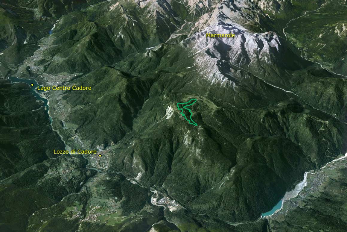 Visione aerea da est del Parco della Memoria di Pian dei Buoi (Google Earth)