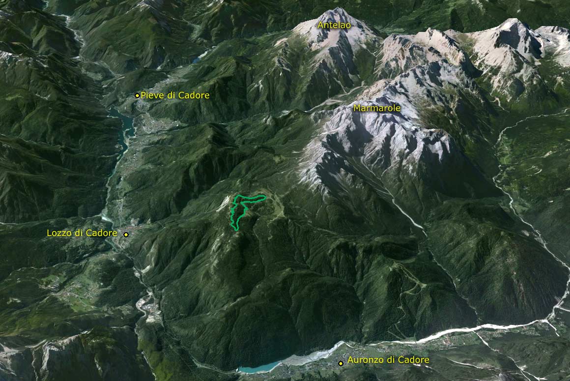 Visione aerea da est del Parco della Memoria di Pian dei Buoi (Google Earth)