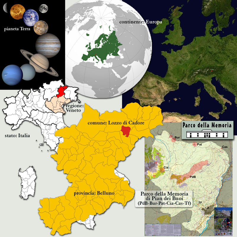 Mappa del collocamento geografico del Parco della Memoria di Pian dei Buoi (Lozzo di Cadore Dolomiti BL)
