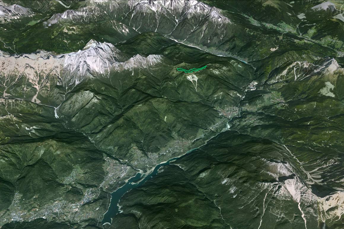 Il PdM in 3D (da Google Earth): la vallata del Centro Cadore in tutta la sua estensione, da Auronzo a Pieve di Cadore