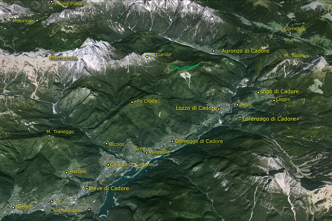 Il PdM in 3D (da Google Earth): la vallata del Centro Cadore in tutta la sua estensione, da Auronzo a Pieve di Cadore