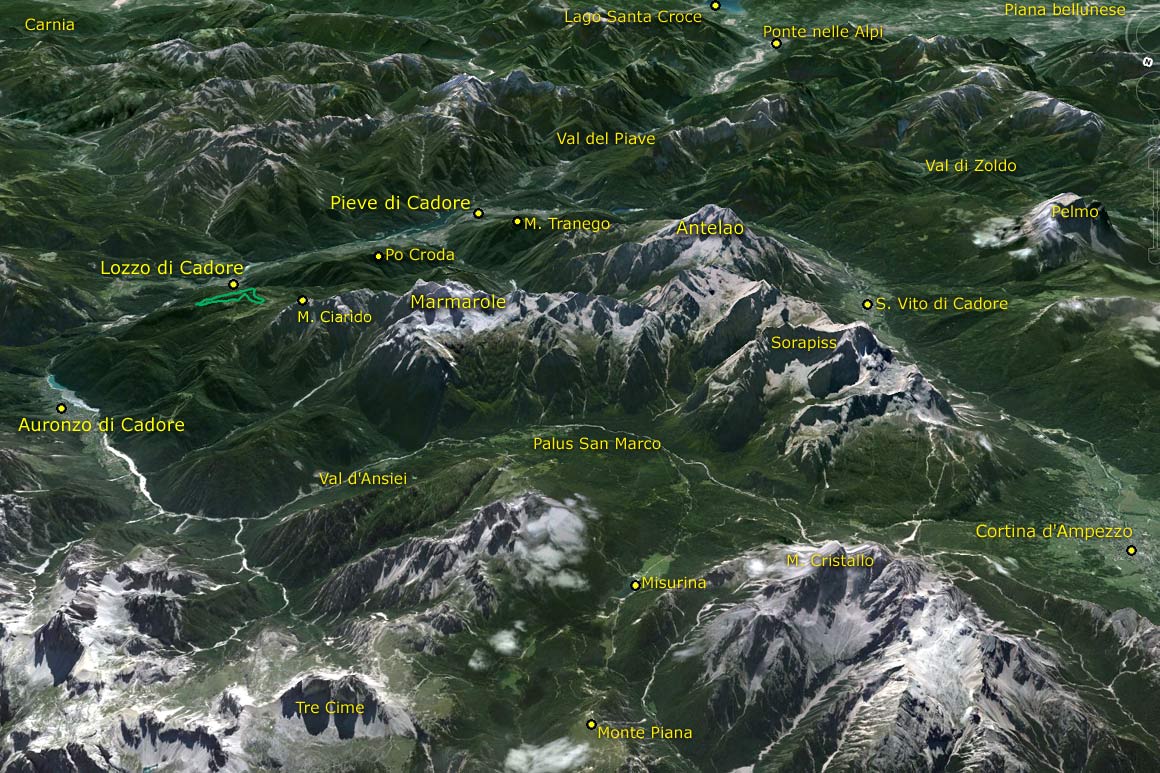 Il PdM in 3D (da Google Earth): da Monte Piana e Misurina giù fino al lago di Santa Croce passando per la Val del Boite