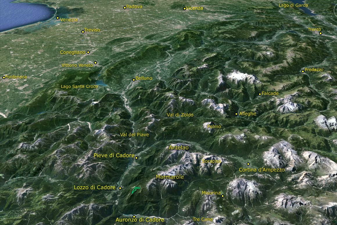 Il PdM in 3D (da Google Earth): dalle Marmarole alla laguna di Venezia