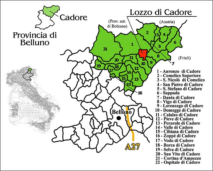 Carta del posizionamento geografico del territorio di Lozzo di Cadore