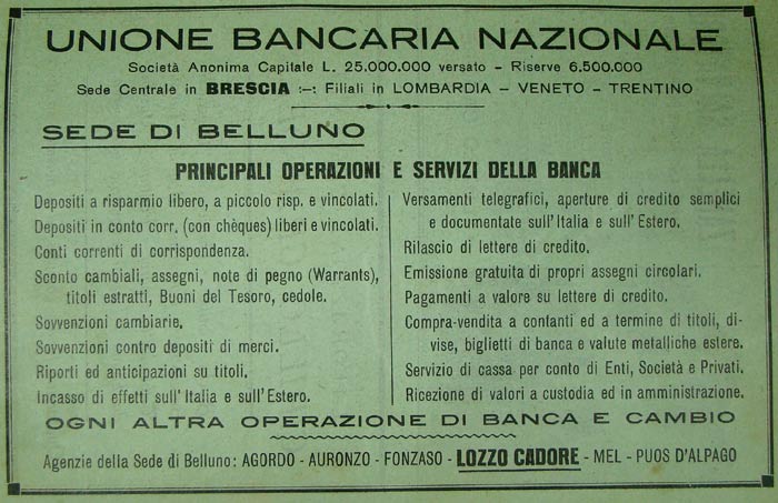 inserzione pubblicitaria alla edizione del 1931 della Storia di Lozzo di Cadore di Ezio Baldovin 