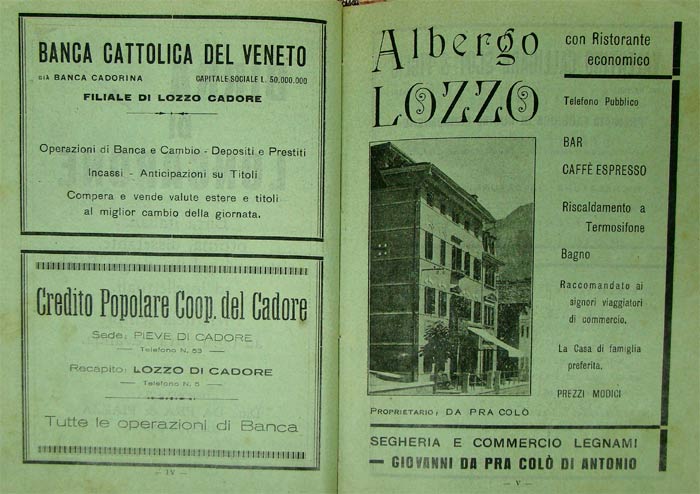 inserzione pubblicitaria alla edizione del 1931 della Storia di Lozzo di Cadore di Ezio Baldovin 